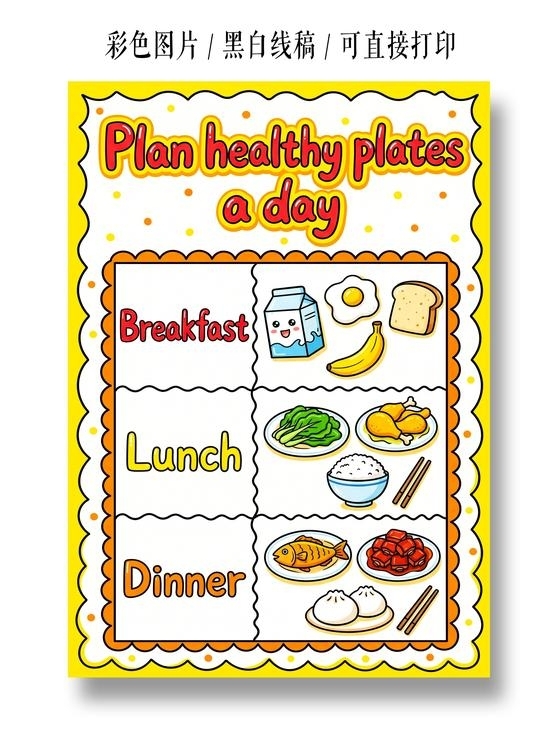 彩色卡通手绘每日健康食谱英语手抄报小报小学生手抄报