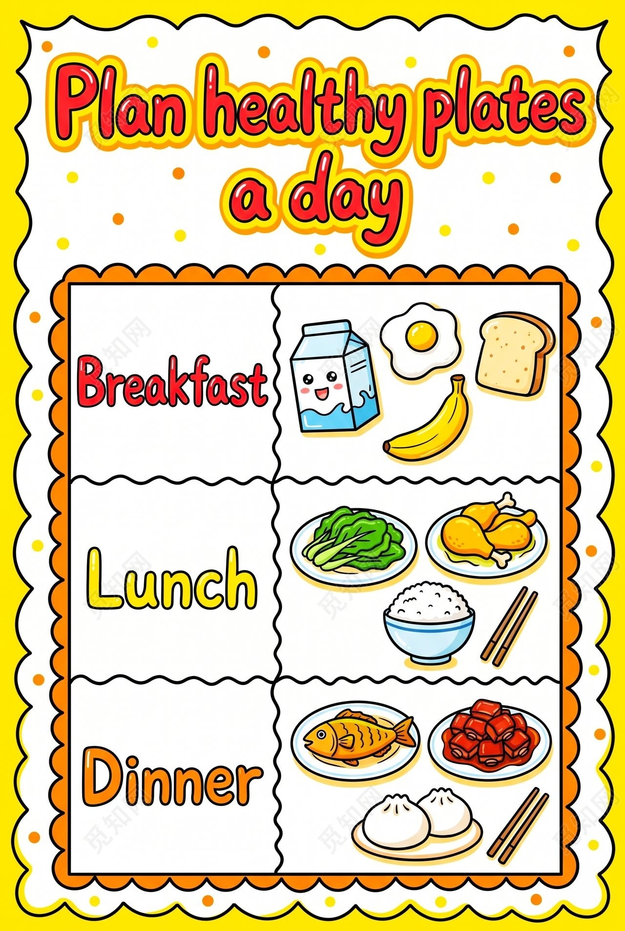 彩色卡通手绘每日健康食谱英语手抄报小报小学生手抄报