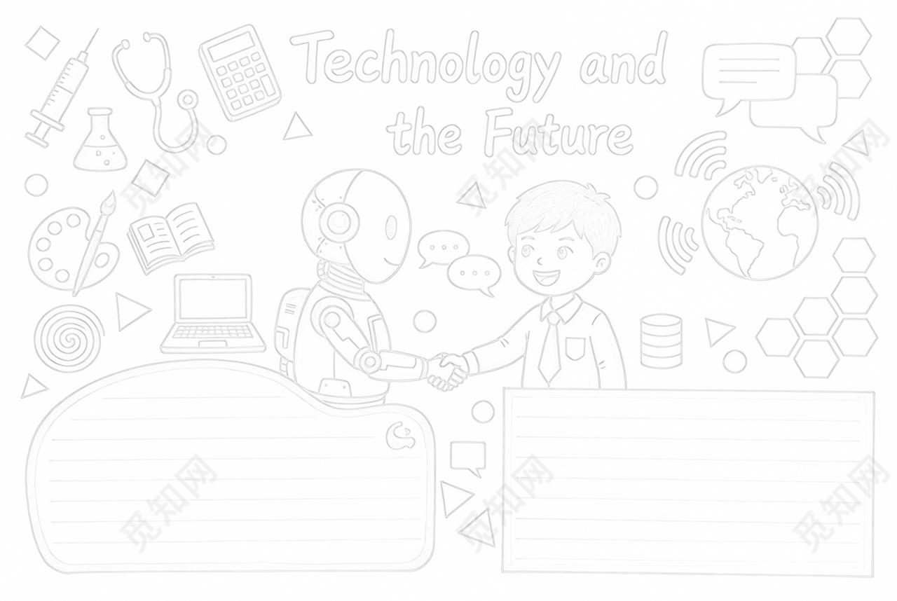 彩色卡通手绘AI人工智能英语小报手抄报小学生手抄报