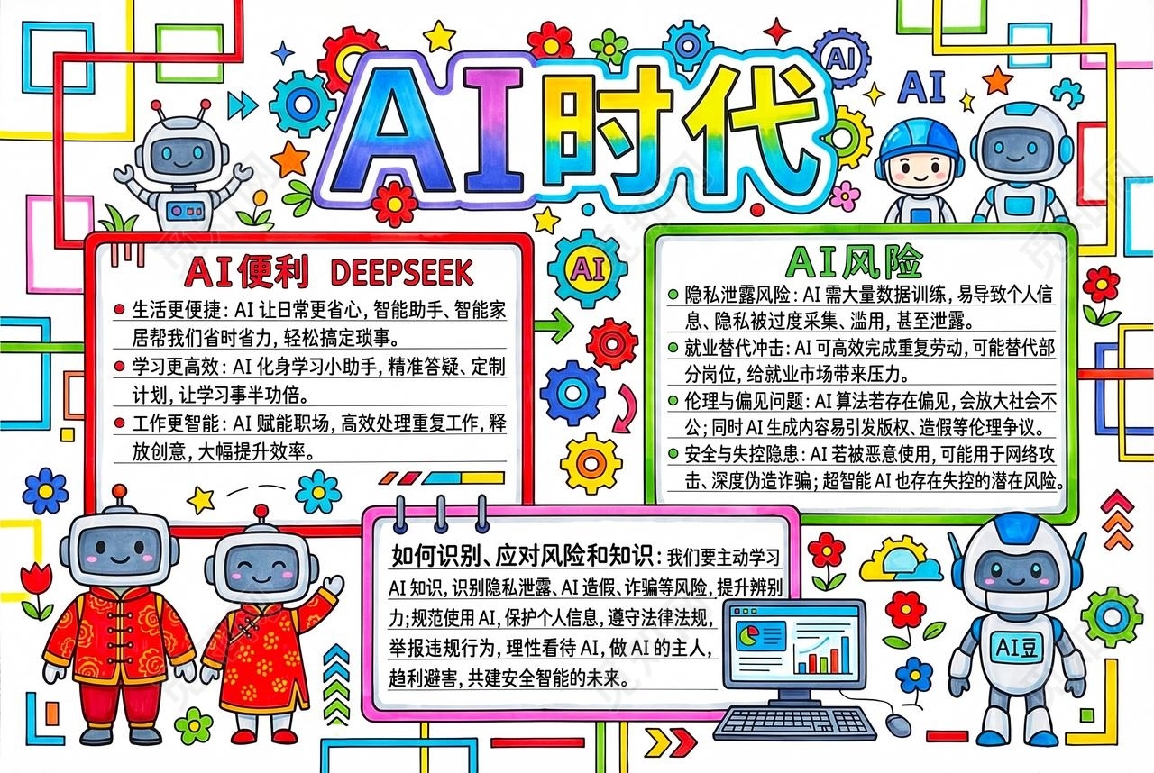 彩色卡通手绘AI时代小报手抄报小学生手抄报