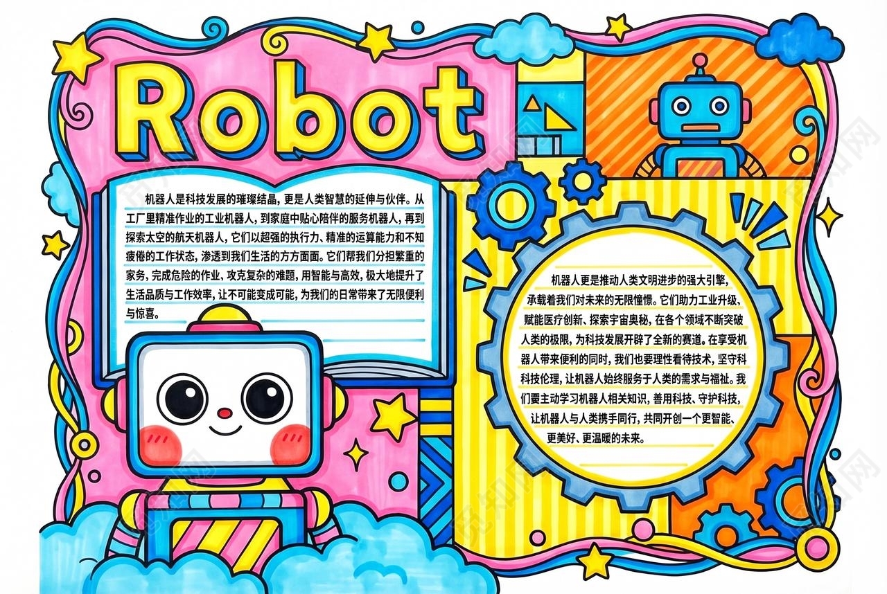 彩色卡通手绘机器人英语小报手抄报小学生手抄报