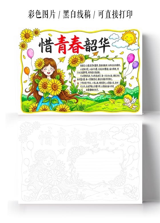 彩色卡通手绘惜青春韶华小报手抄报小学生手抄报