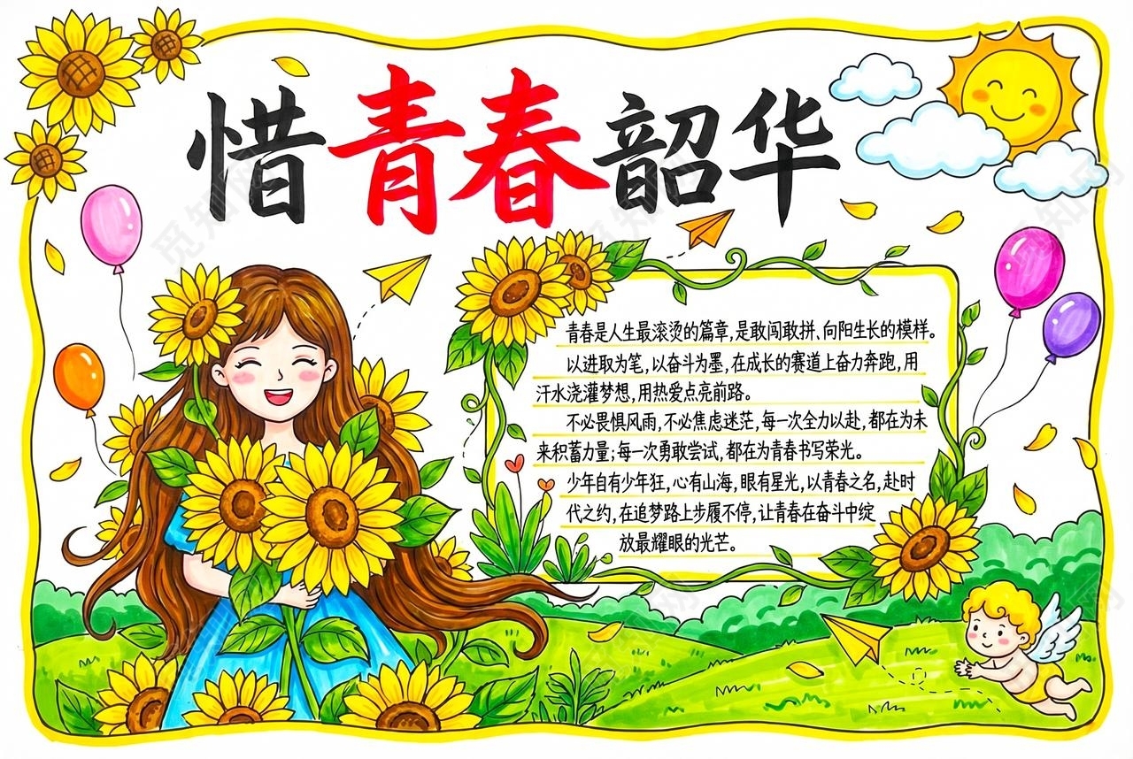 彩色卡通手绘惜青春韶华小报手抄报小学生手抄报