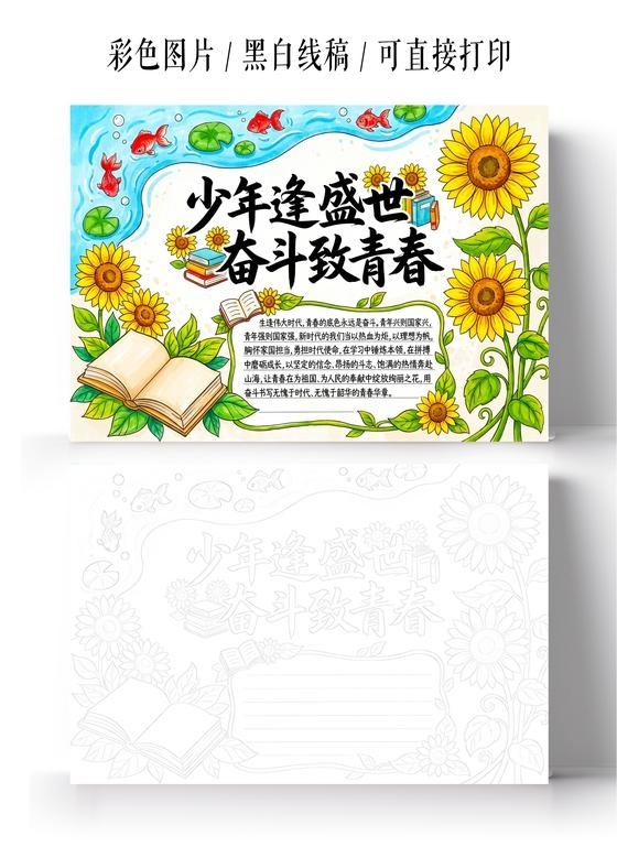 彩色卡通手绘少年逢盛世奋斗致青春小报手抄报小学生手抄报
