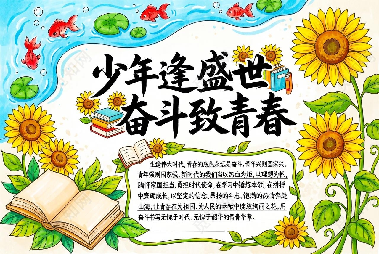 彩色卡通手绘少年逢盛世奋斗致青春小报手抄报小学生手抄报