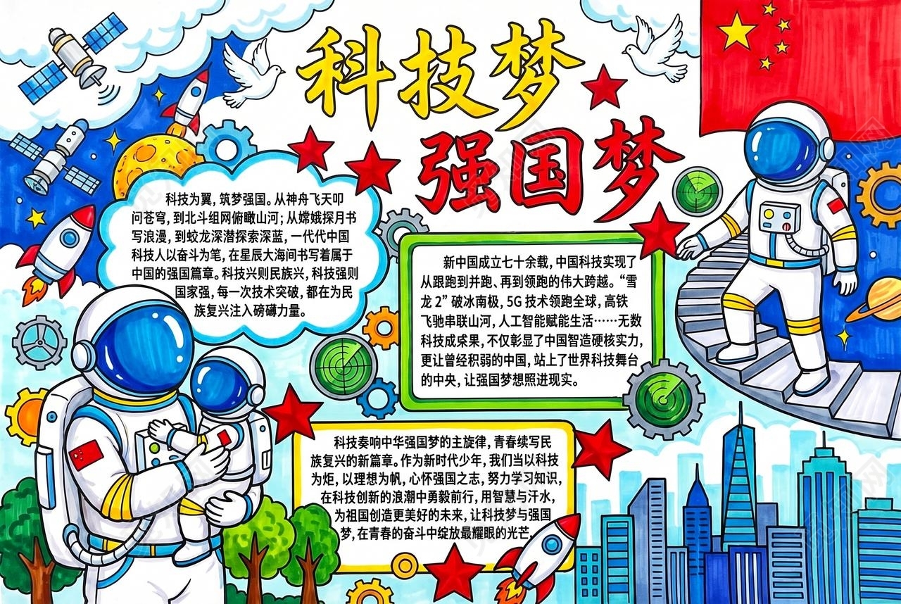 彩色卡通手绘科技梦强国梦小报手抄报小学生手抄报