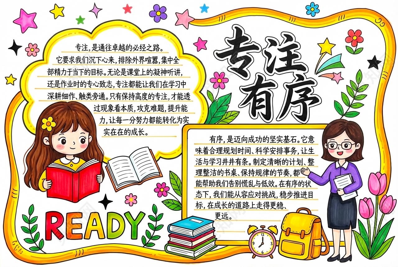 彩色卡通手绘专注有序小报手抄报小学生手抄报