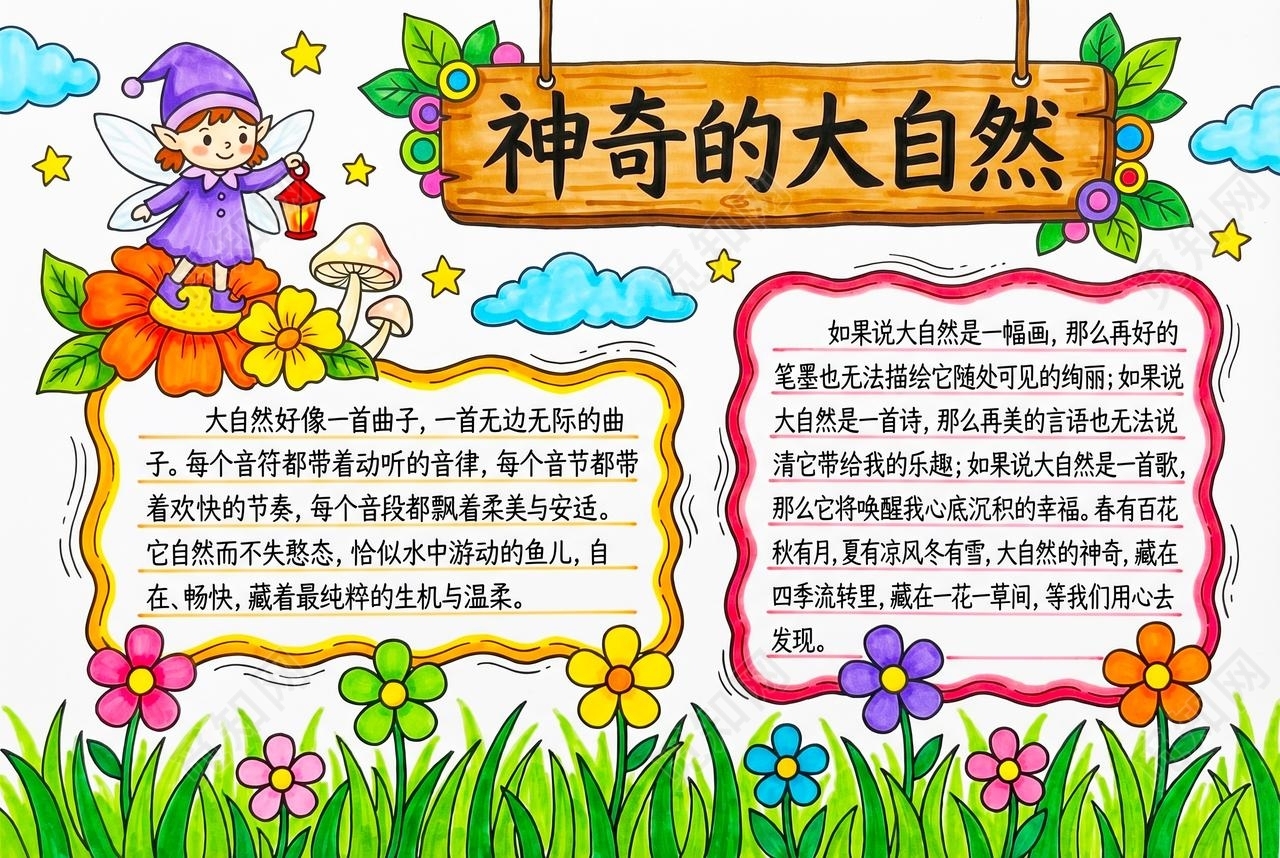 彩色卡通手绘神奇的大自然小报手抄报小学生手抄报