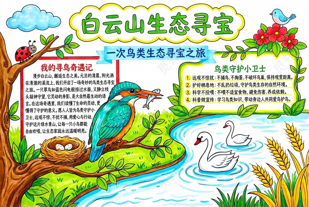 彩色卡通手绘白云山生态寻宝小报手抄报小学生手抄报