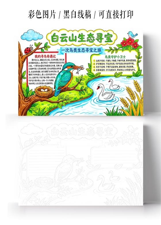 彩色卡通手绘白云山生态寻宝小报手抄报小学生手抄报