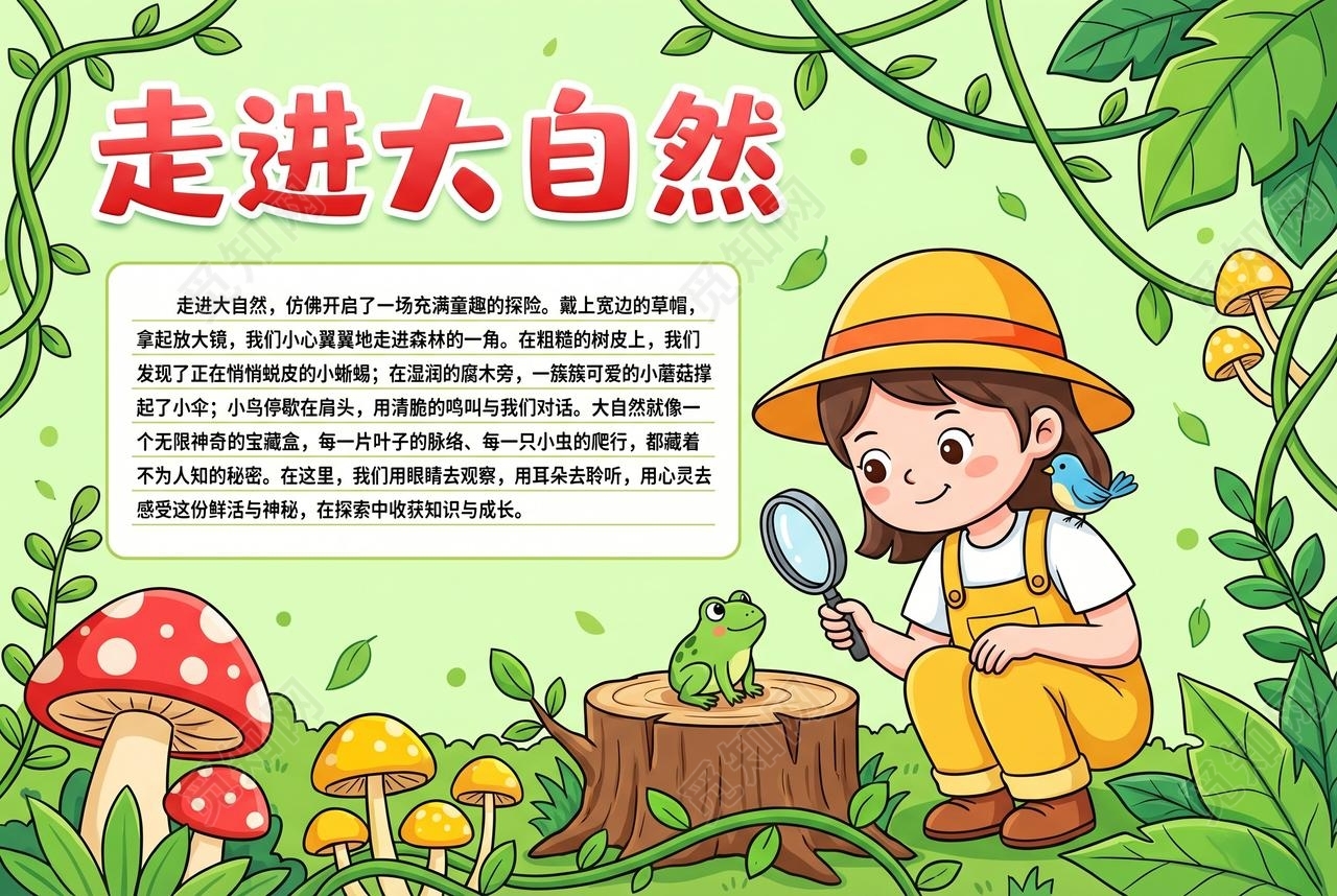 彩色卡通手绘走进大自然小报手抄报小学生手抄报