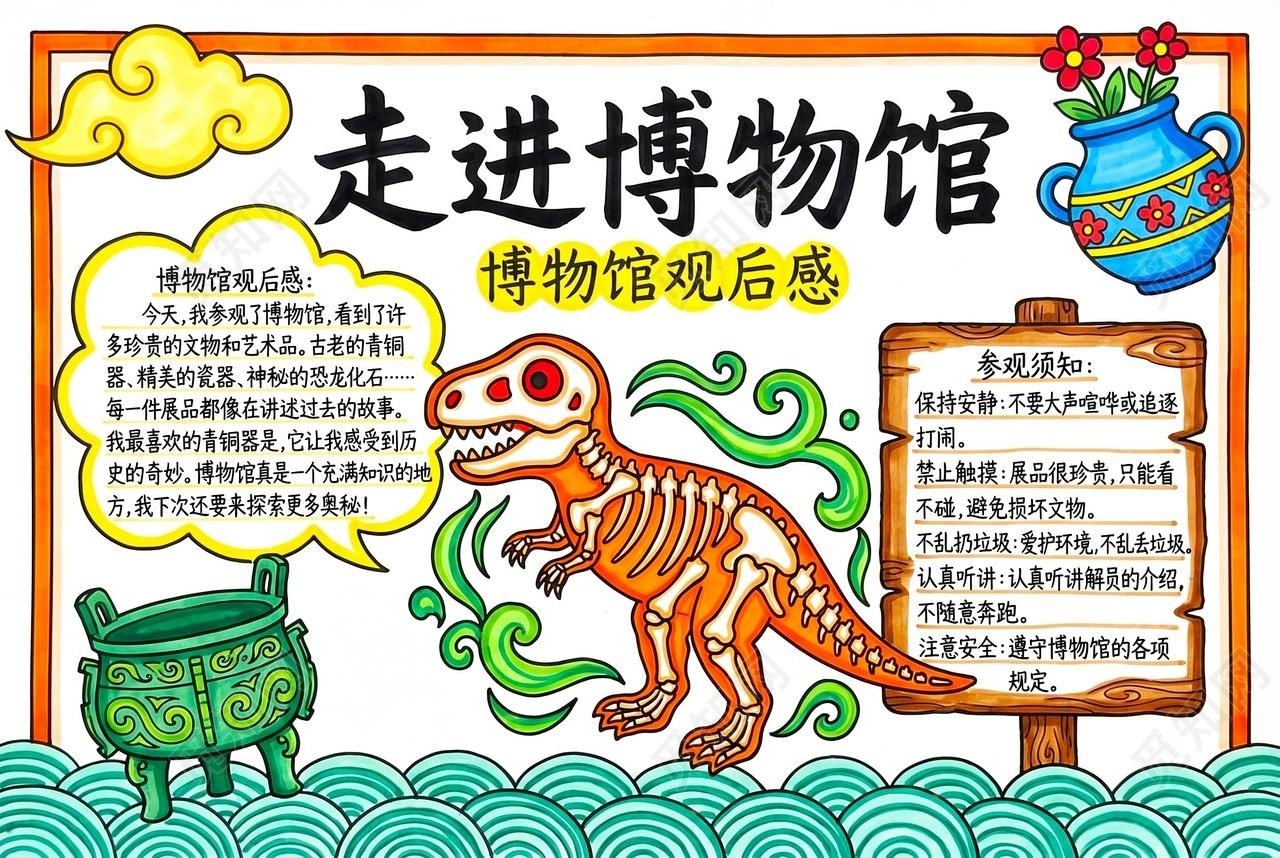 彩色卡通手绘走进博物馆小报手抄报小学生手抄报