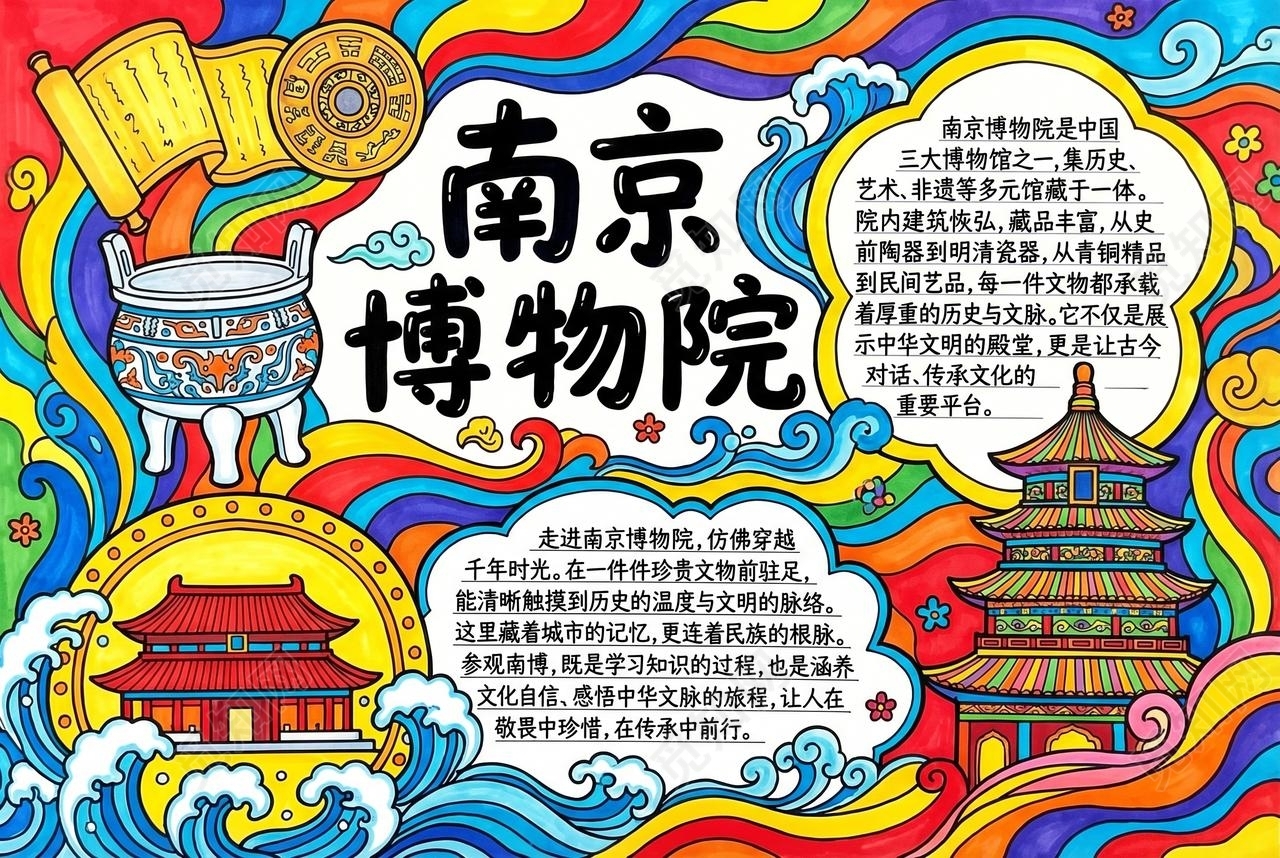 彩色卡通手绘南京博物馆小报手抄报小学生手抄报