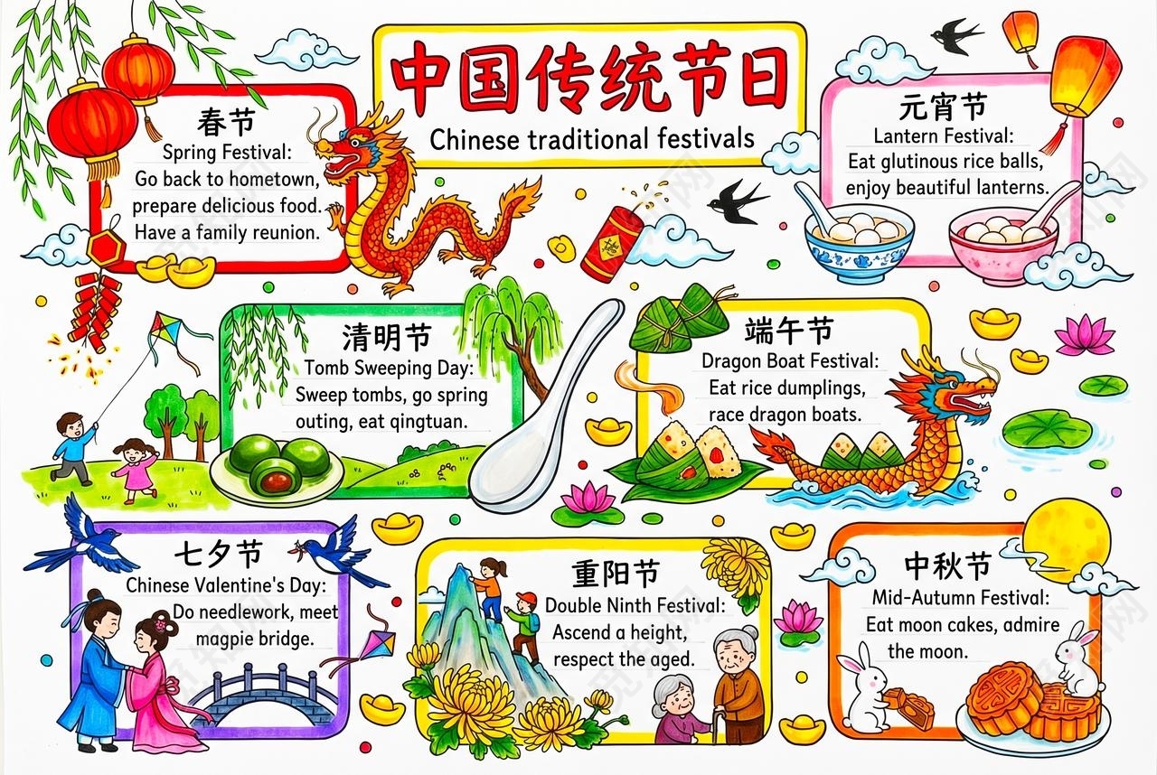 彩色卡通手绘中国传统节日小报手抄报小学生手抄报