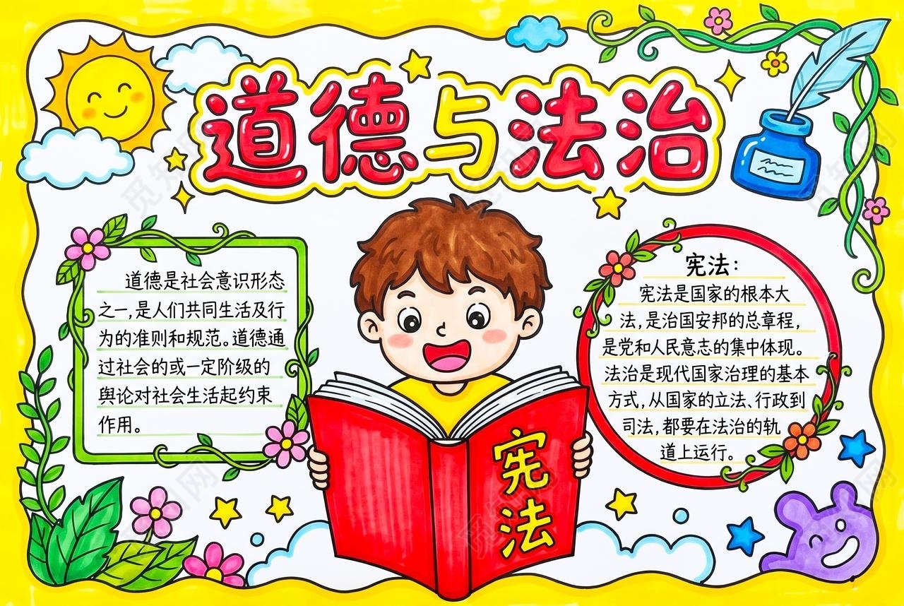 彩色卡通手绘道德与法治小报手抄报小学生手抄报