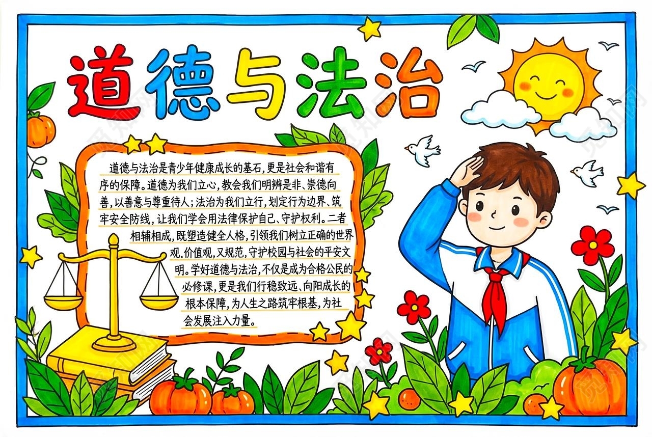 彩色卡通手绘道德与法治小报手抄报小学生手抄报
