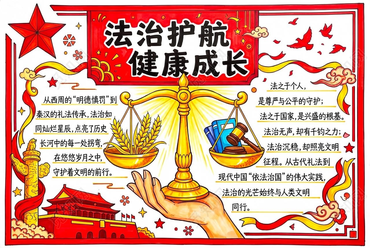 彩色卡通手绘法治护航健康成长小报手抄报小学生手抄报