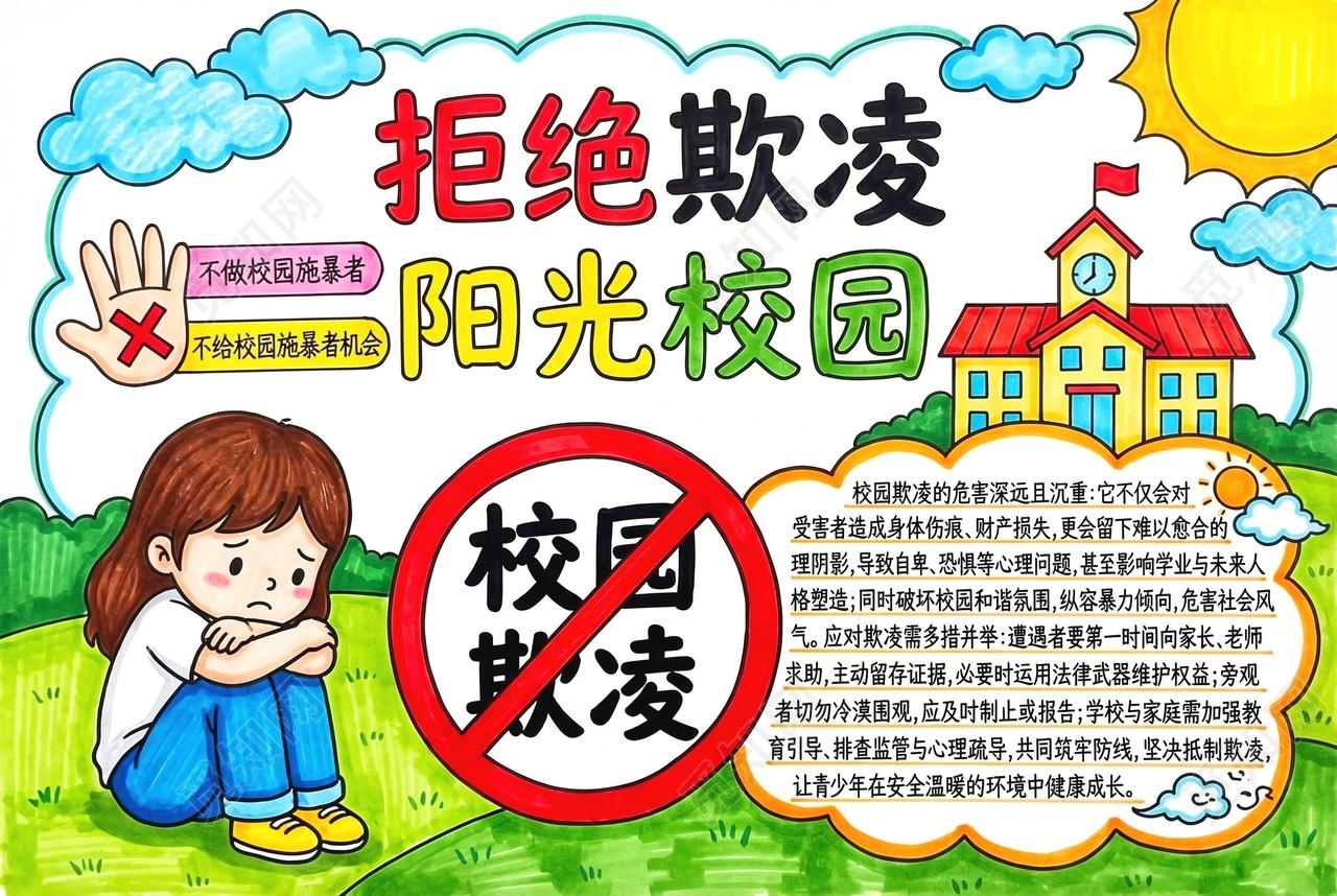 彩色卡通手绘拒绝欺凌阳光校园小报手抄报小学生手抄报