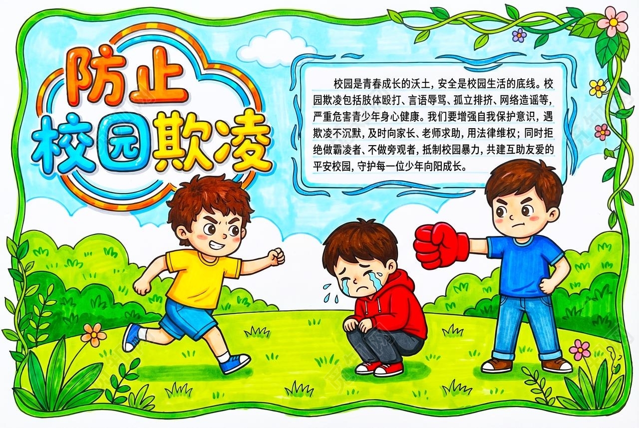 彩色卡通手绘防止校园欺凌小报手抄报小学生手抄报