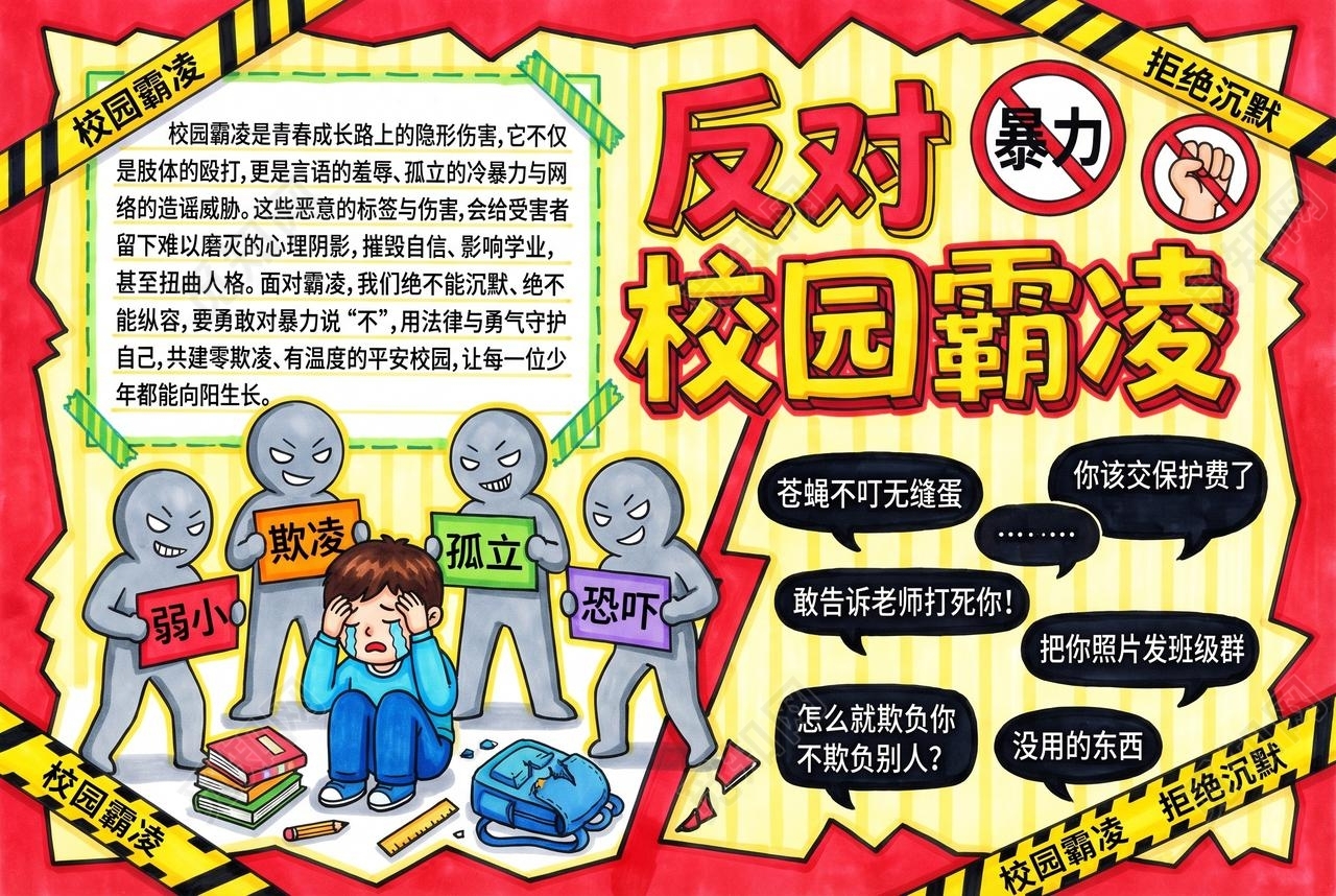 彩色卡通手绘反对校园霸凌小报手抄报小学生手抄报