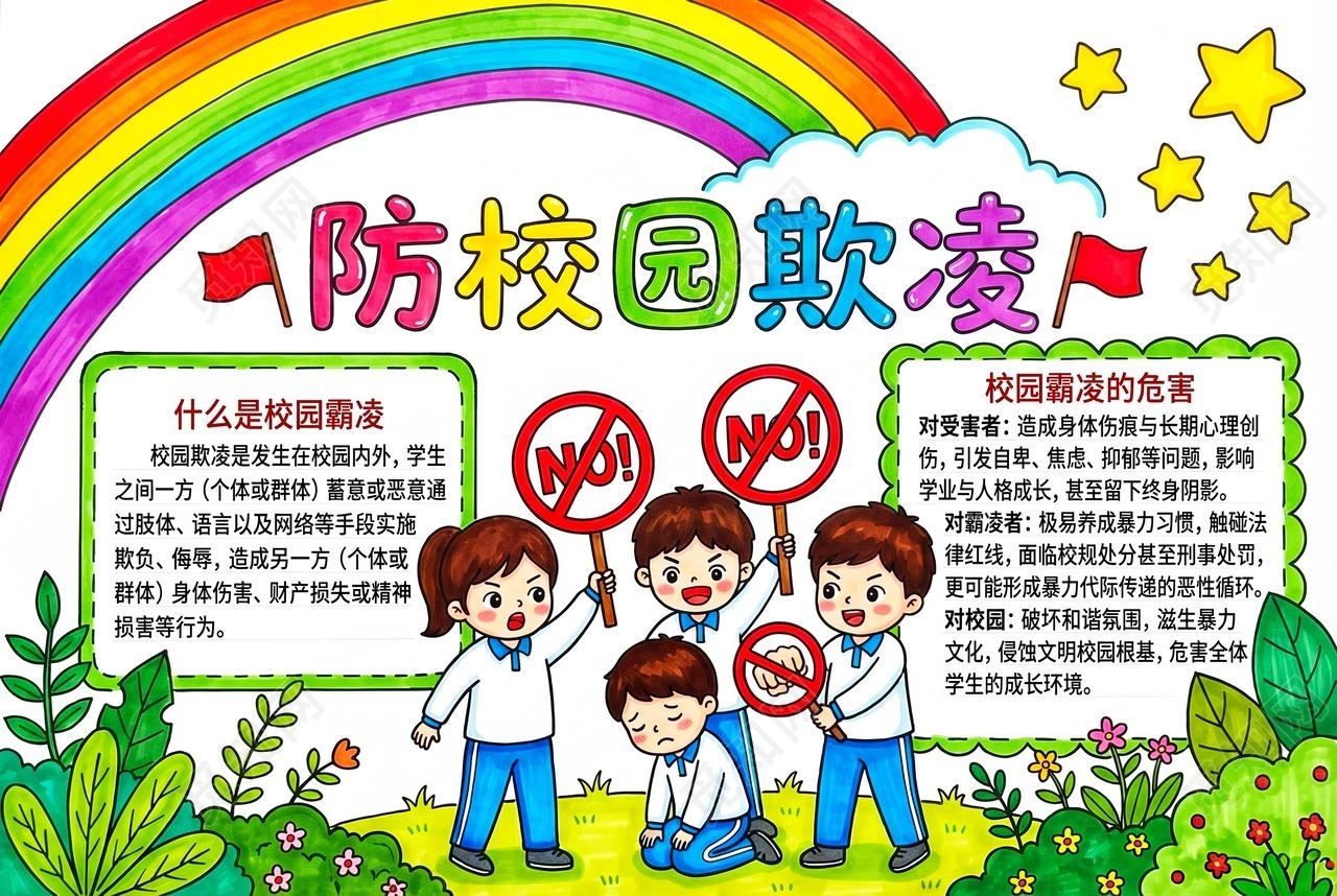 彩色卡通手绘防校园欺凌小报手抄报小学生手抄报