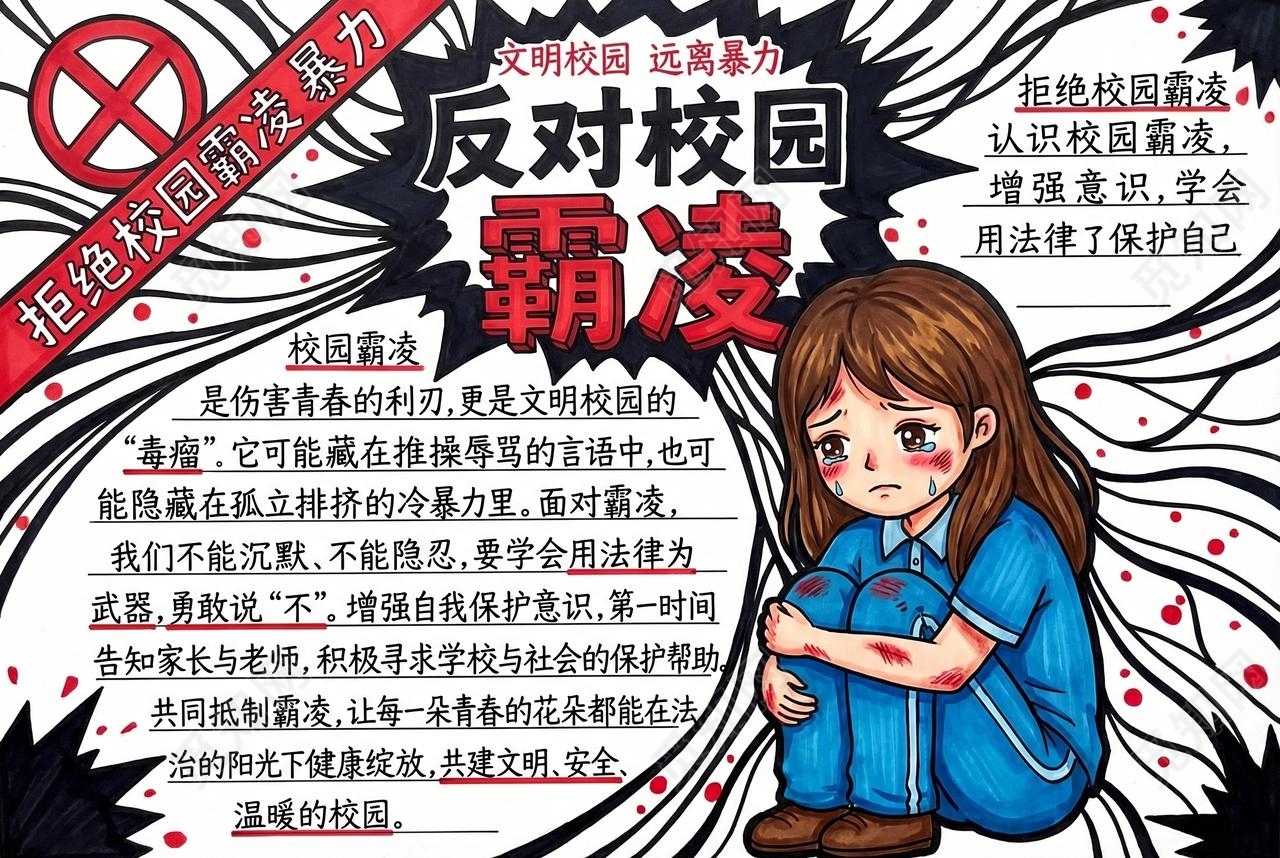 彩色卡通手绘防校园欺凌小报手抄报小学生手抄报