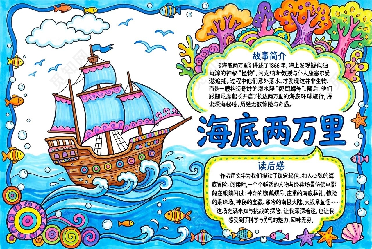 彩色卡通手绘海底两万里小报手抄报小学生手抄报