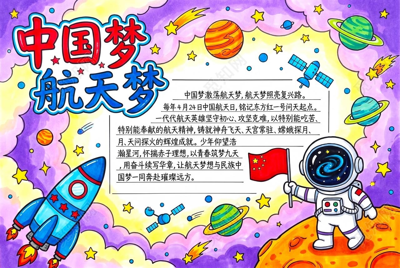 彩色卡通手绘中国梦航天梦小报手抄报小学生手抄报