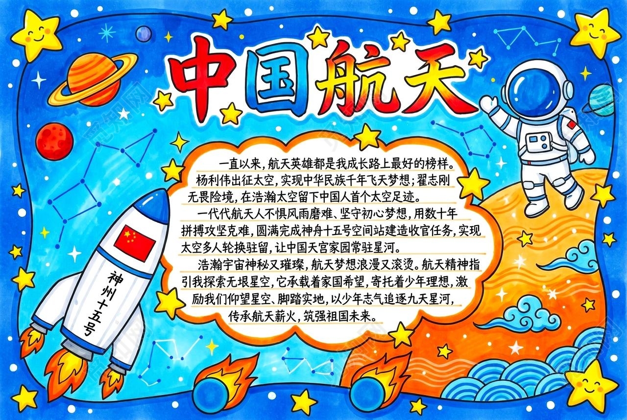 彩色卡通手绘航空航天小报手抄报小学生手抄报