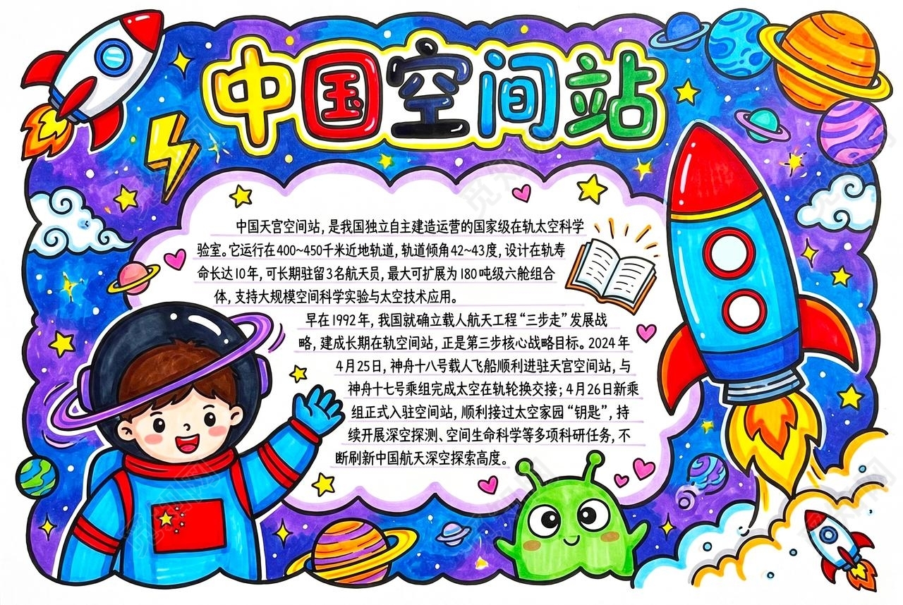 彩色卡通手绘中国空间站小报手抄报小学生手抄报