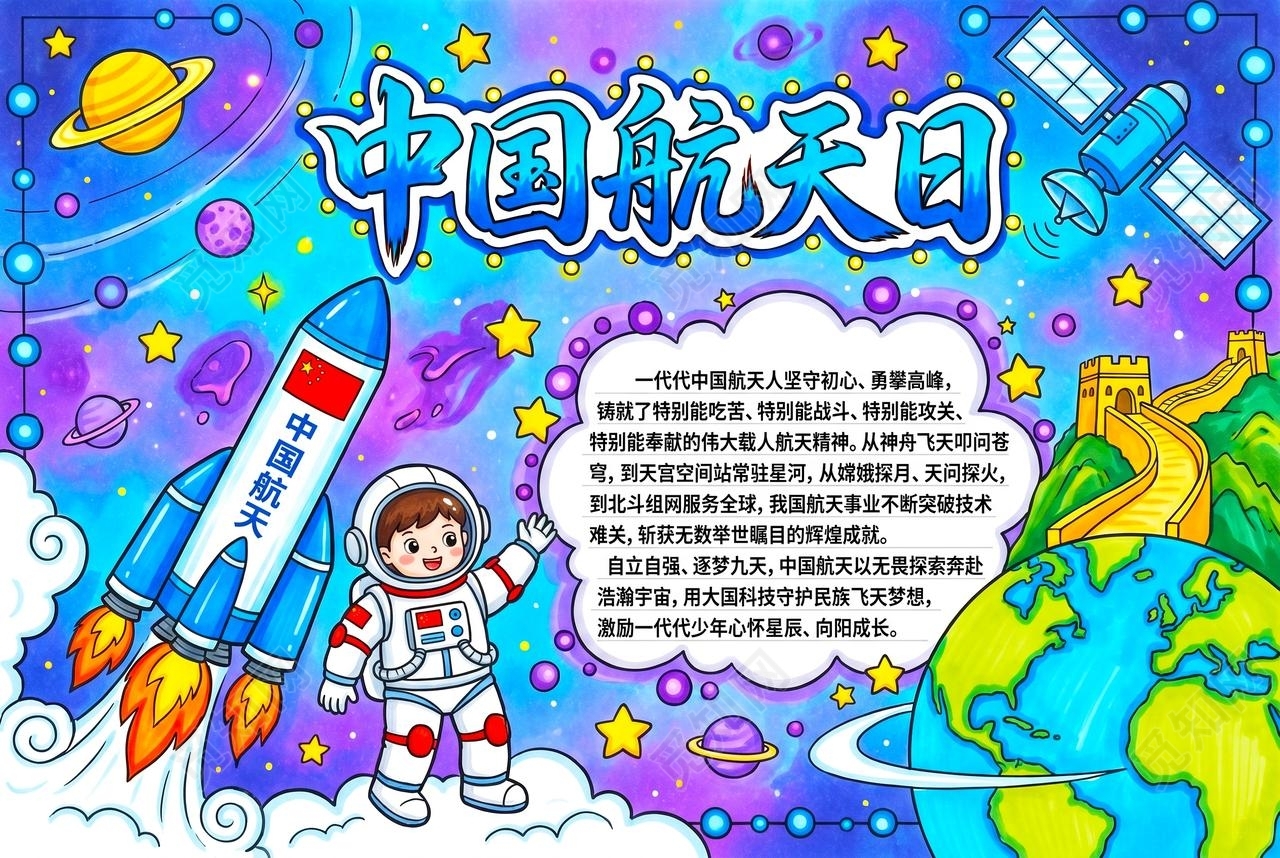 彩色卡通手绘中国航天日小报手抄报小学生手抄报