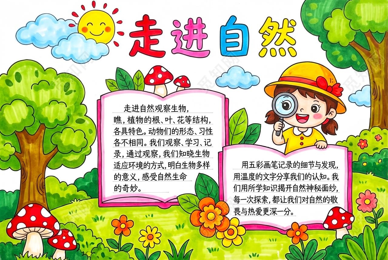 彩色卡通手绘走进自然小报手抄报小学生手抄报