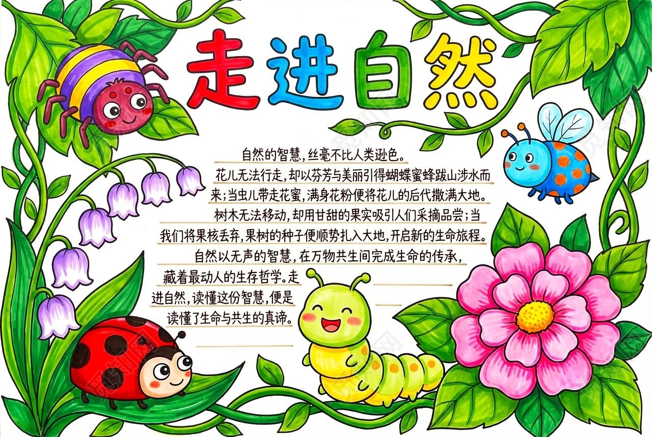 彩色卡通手绘走进自然小报手抄报小学生手抄报