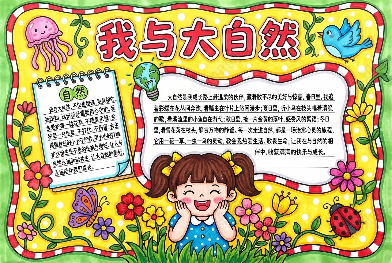 彩色卡通手绘我与大自然小报手抄报小学生手抄报