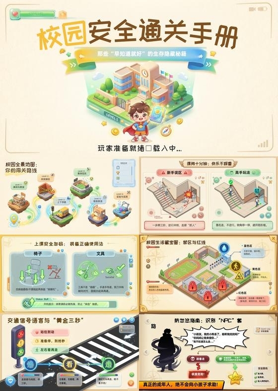 黄色手绘卡通校园安全通关手册安全教育课件PPT