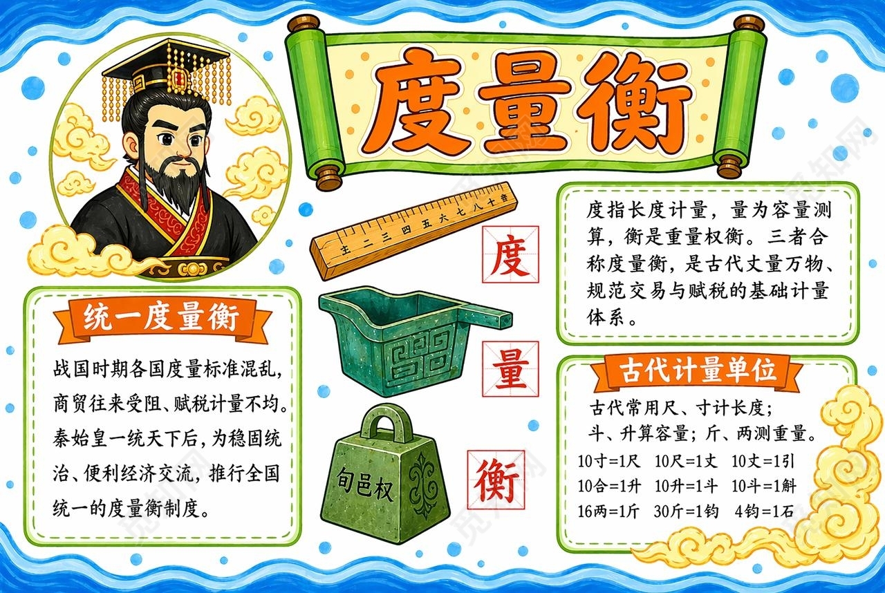 彩色卡通手绘度量衡小报手抄报小学生手抄报