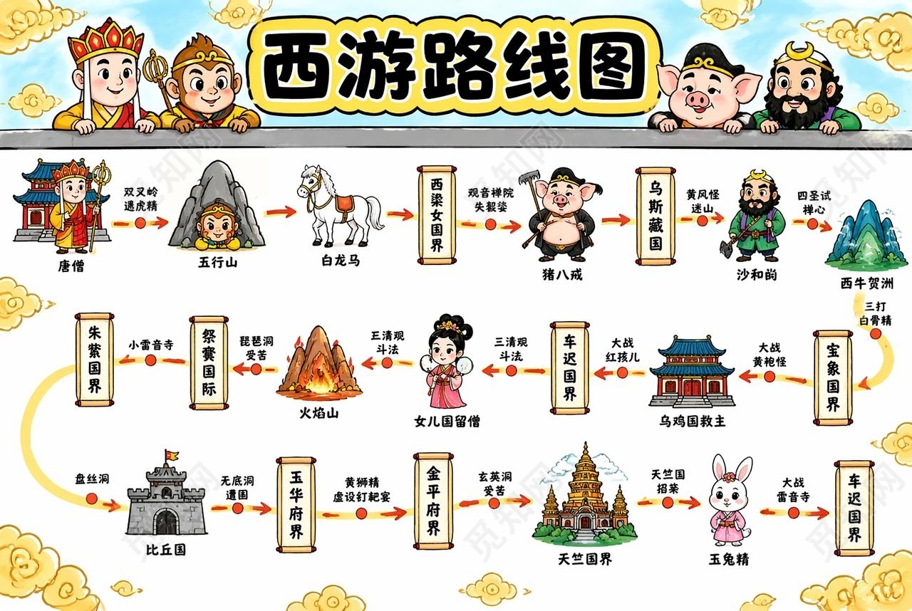 彩色卡通手绘西游路线图小报手抄报小学生手抄报