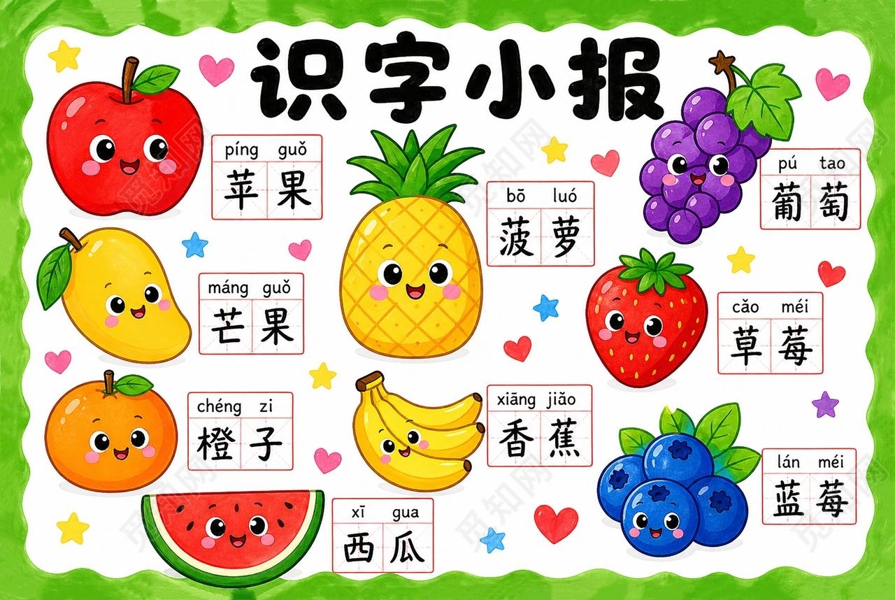彩色卡通手绘识字小报手抄报小学生手抄报