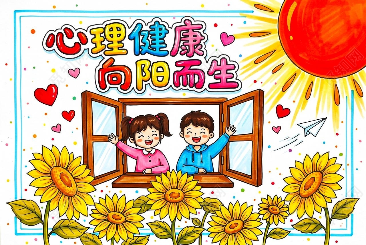 彩色卡通手绘心理健康向阳而生小报手抄报小学生手抄报
