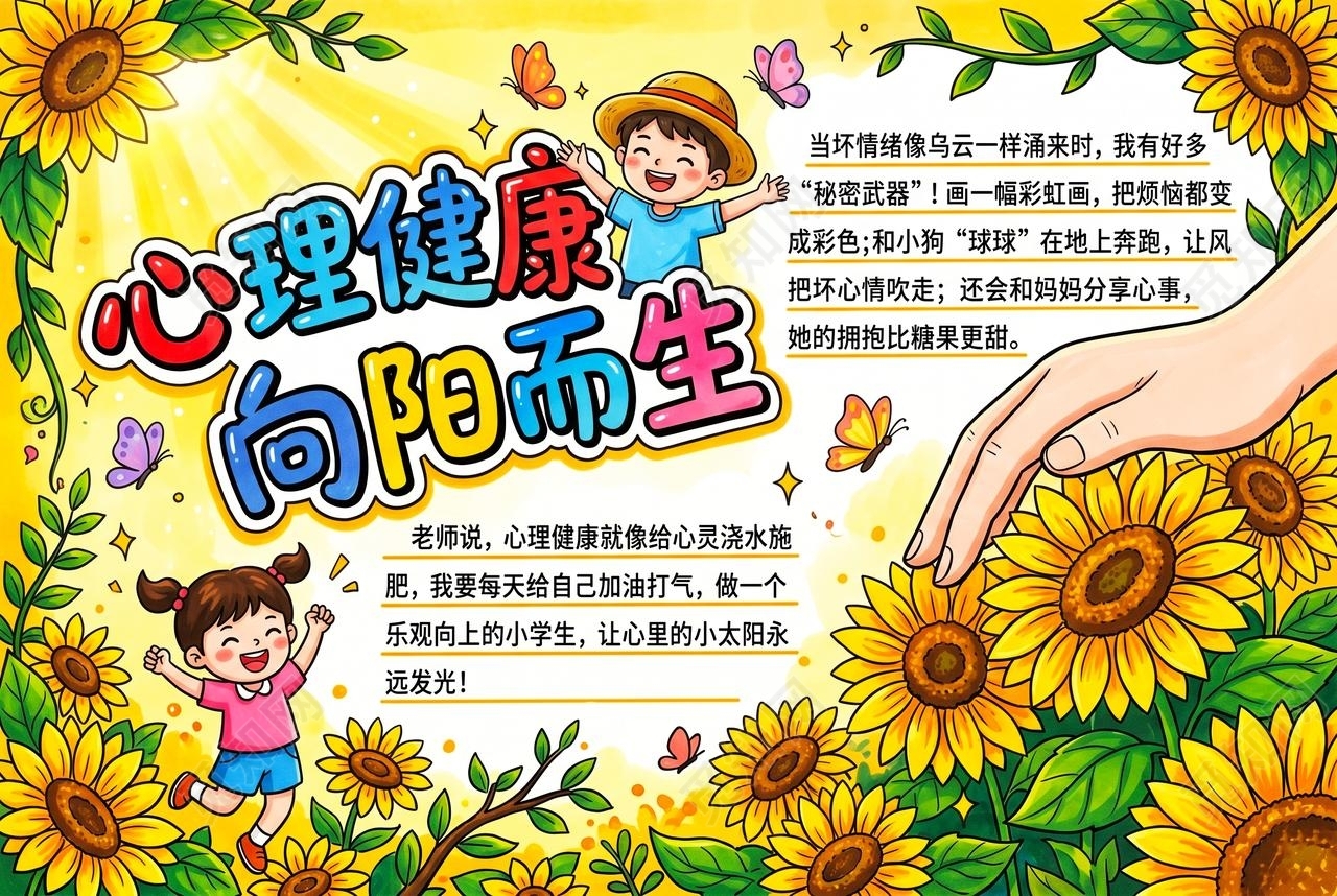 彩色卡通手绘心理健康向阳而生小报手抄报小学生手抄报