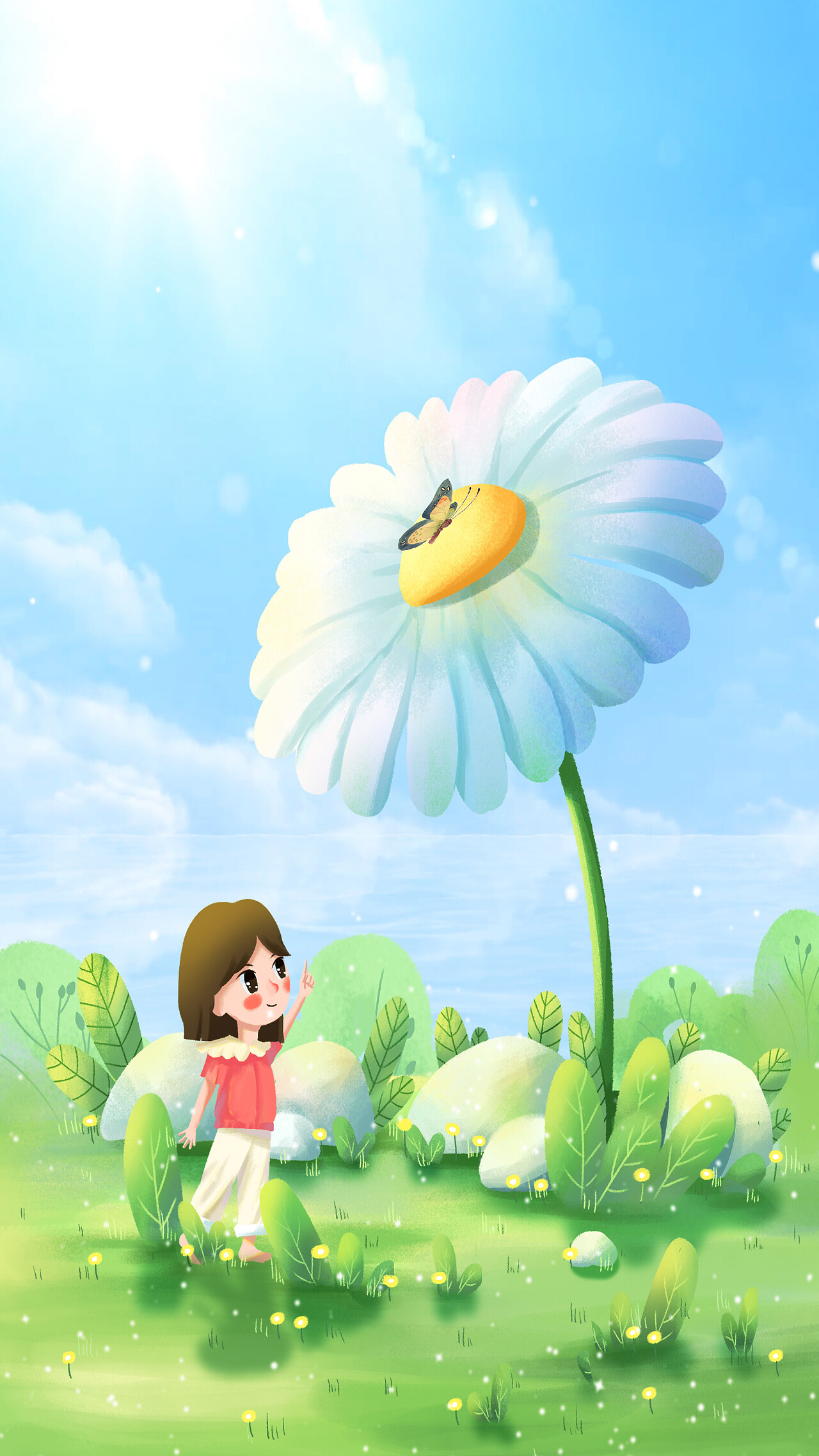 夏天插画手绘夏日背景立夏夏至节气炎热雏菊花朵卡通少女竖版天空插画背景[mp4+gif]
