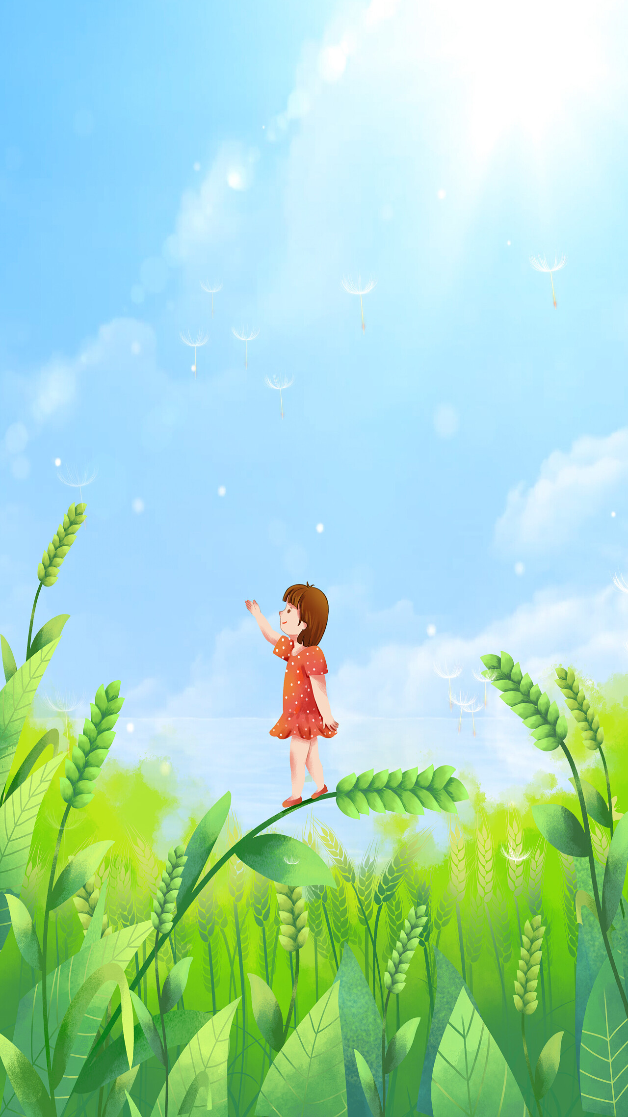 小满插画手绘二十四节气背景小麦谷雨清明蒲公英麦子植物卡通竖版天空插画背景[mp4+gif]