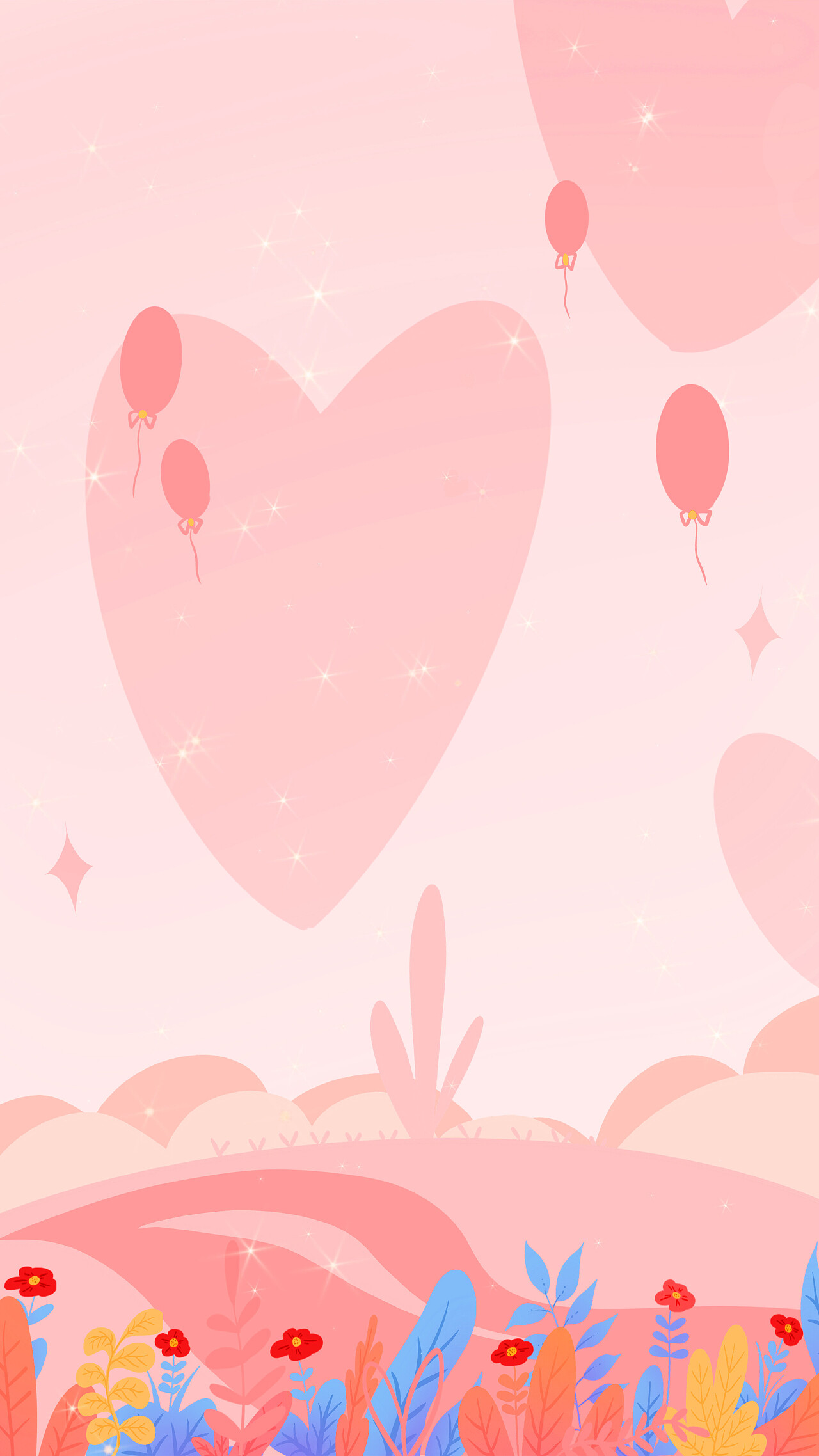情人节扁平风爱心气球背景插画情侣手拿玫瑰花214浪漫情人节竖版粉色背景[mp4+gif]