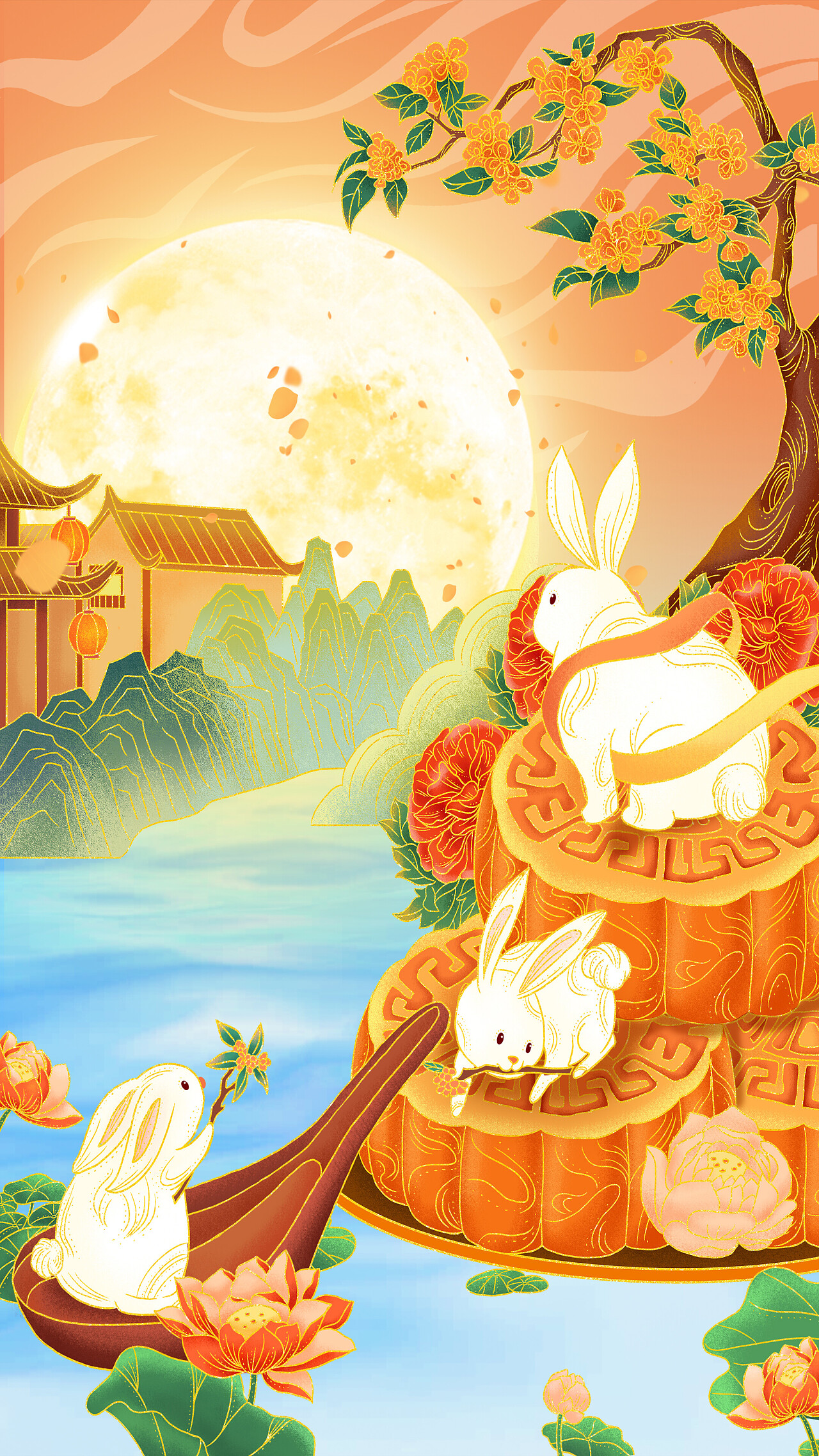 国潮国风卡通手绘插画月饼兔子月亮中秋传统节日赏月山水中秋秋分竖版插画背景[mp4+gif]