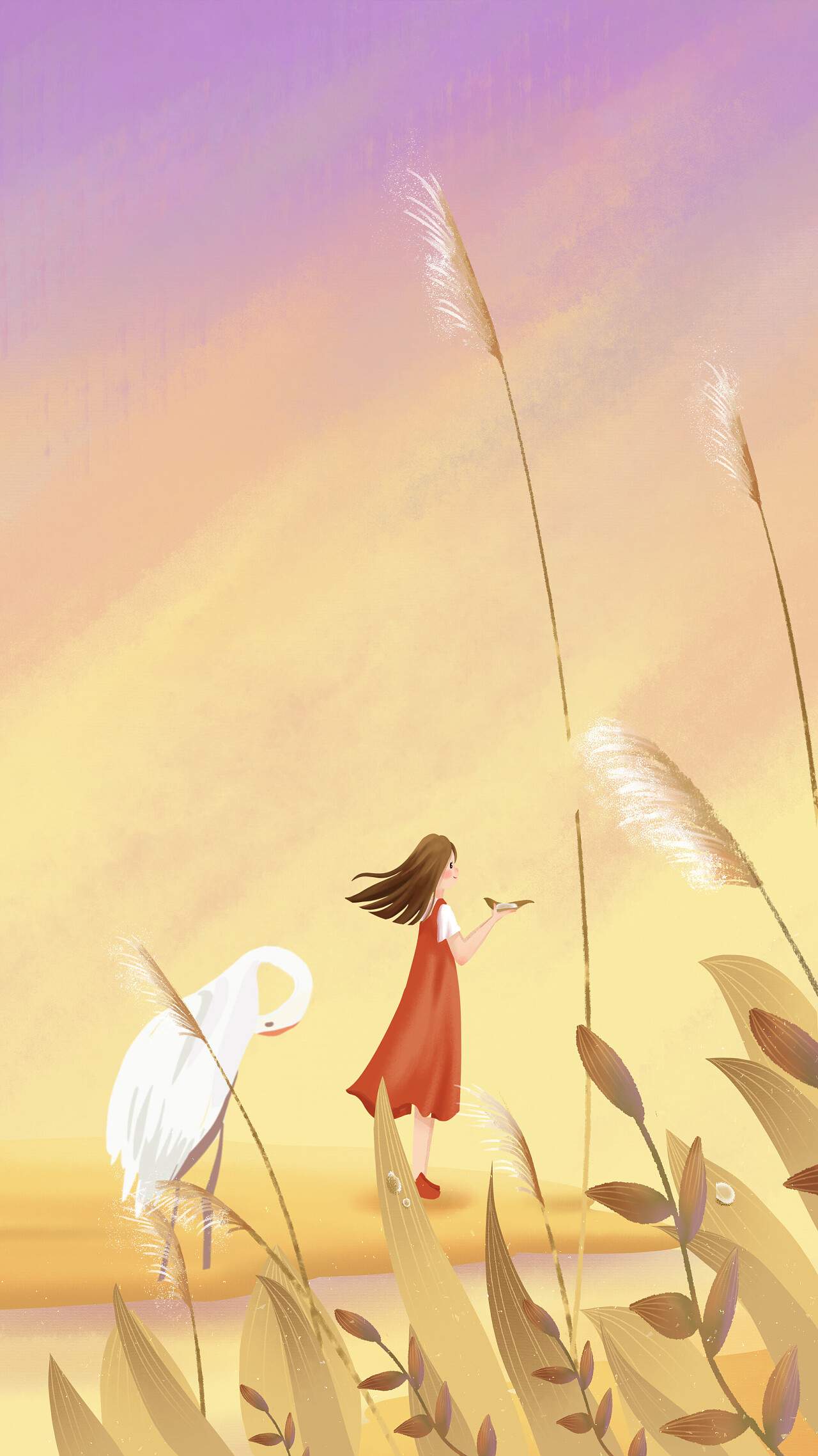 唯美卡通白露插画手绘秋天节气背景芦苇丛风景秋日秋季秋天竖版插画背景[MP4+gif]