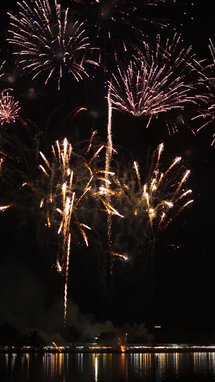 4k夜间垂直拍摄的烟花。