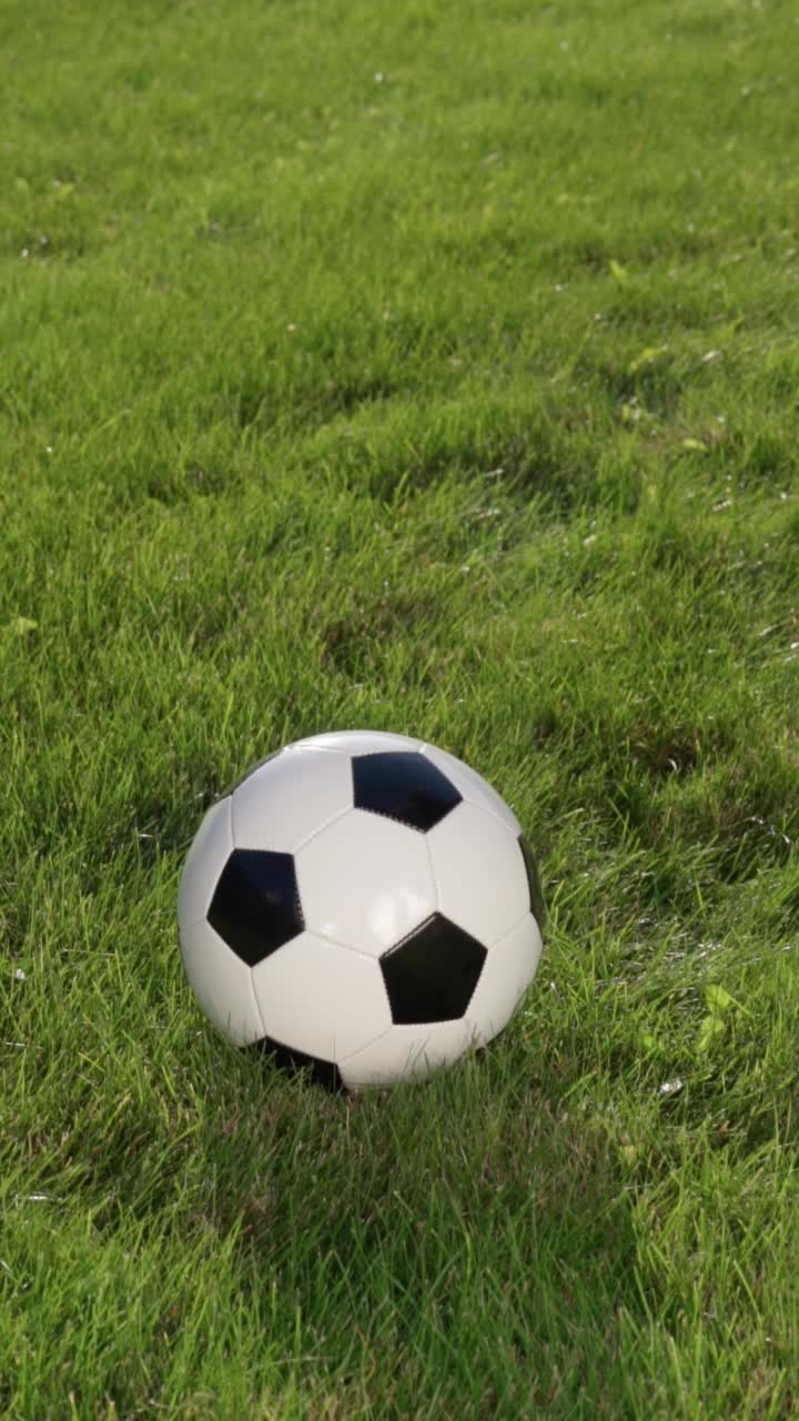 足球运动员的脚和球场草地上的球，慢动作。足球世界杯