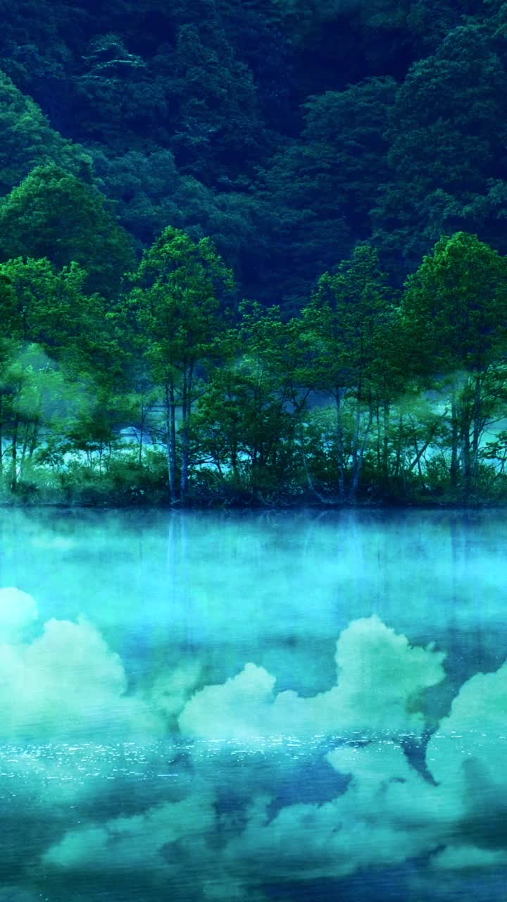 流动的云在森林湖。清澈的森林湖泊和流动的云的图像。