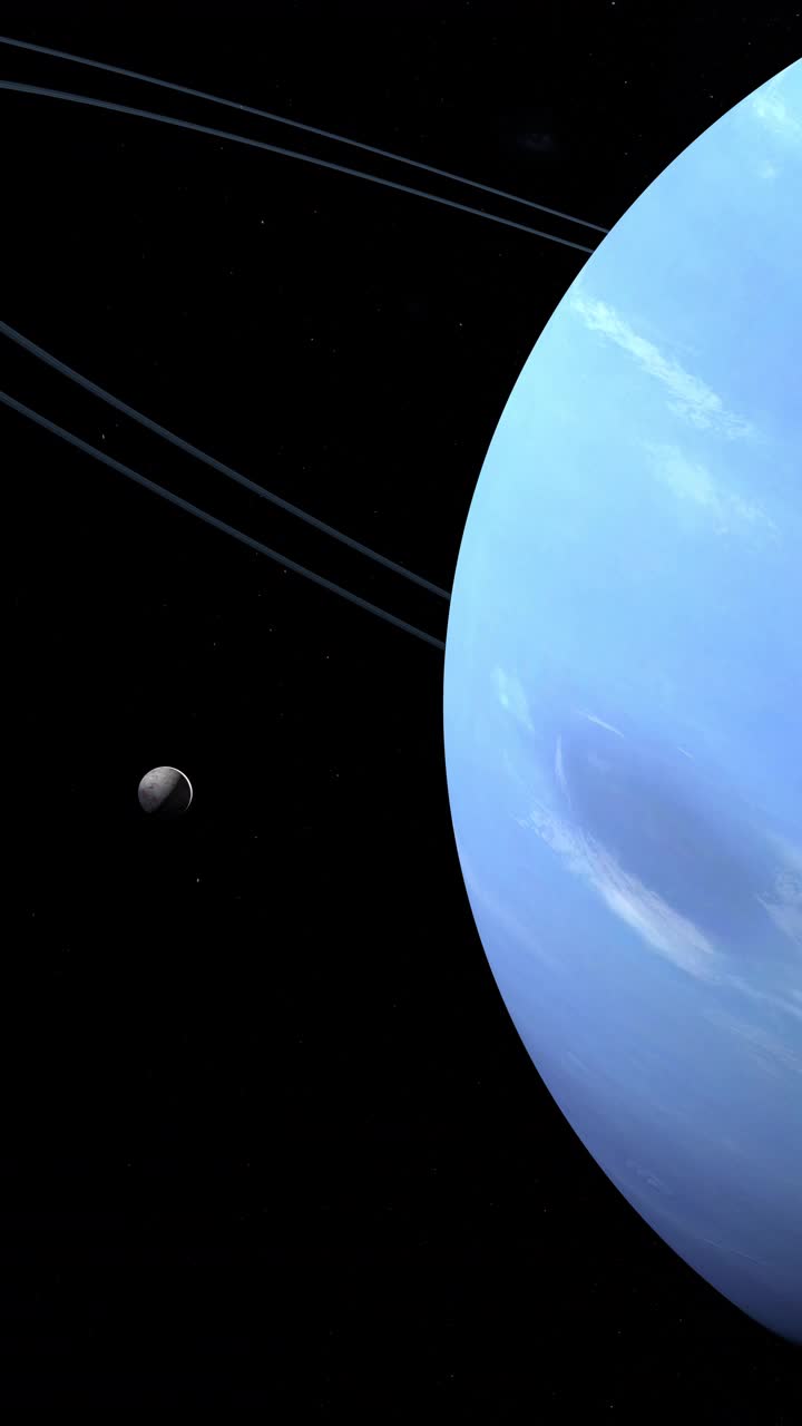 海王星行星和她在外太空的环与海卫一卫星。4 k垂直