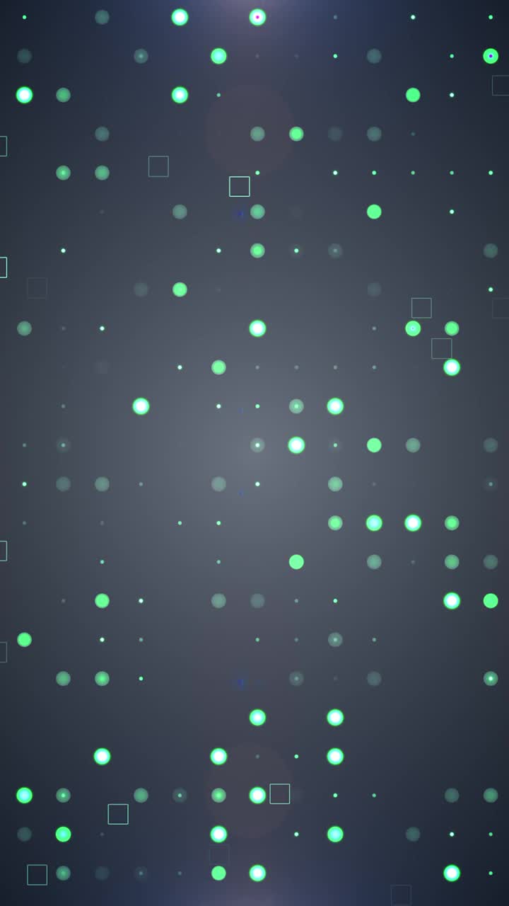 抽象动画几何形状运动背景与光学耀斑，正方形，圆形和点发光闪烁火花彩色霓虹灯Led显示灯，循环动画壁纸，垂直1080 1920 9 16格式，智能手机移动，病毒视频